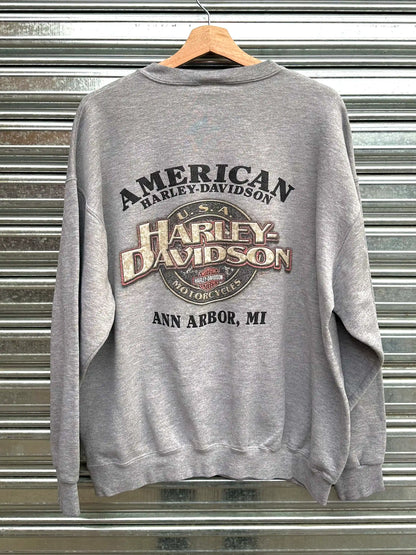 (XL/L) Buzo Vintage Harley Davidson 00's "Superior Performance Craftsmanship / Gris & Celeste "